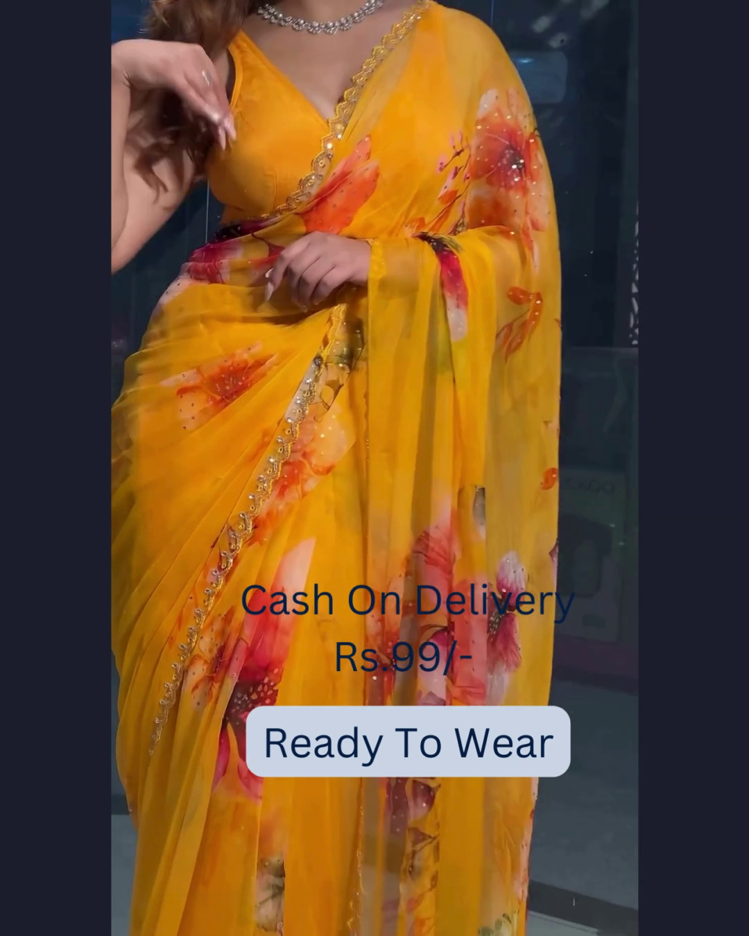 Sunshine Yellow Floral Ready-to-Wear Saree – Grace with Effortless Glam - Image 3