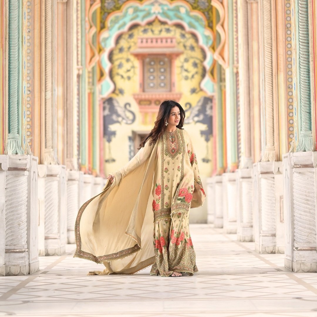 Stylish Chikoo Viscose Embroidered Designer Sharara Plazo Salwar Suit - Image 3