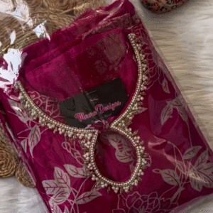 Elegant Magenta Floral Print Suit Set with Embellished Neckline and Matching Dupatta