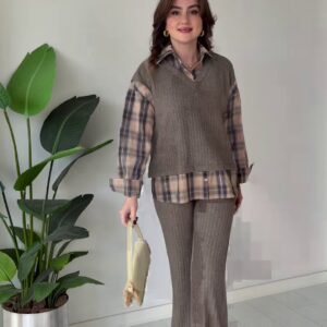 Brown Ribbed Knit Co-ord Set with Plaid Shirt